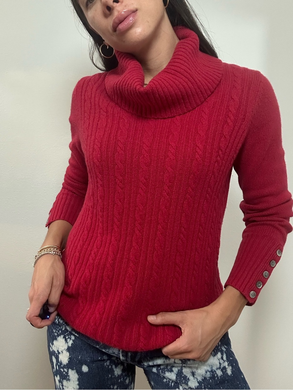 Banana Republic 100% Cashmere Red Cable-Knit Turtleneck Sweater Size L